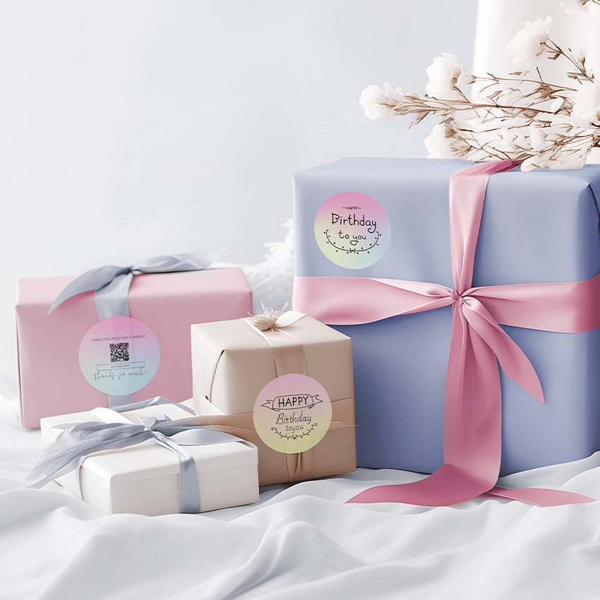 Personalize your gift wrapping or add a charming touch to thank you notes with these vivid gradient labels.