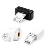 Black thermal label printer with shipping label, thank you sticker roll, and stack of shipping labels