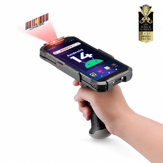 MUNBYN AS01P barcode scanner with black handle and scanning window, handheld device for quick barcode reading.