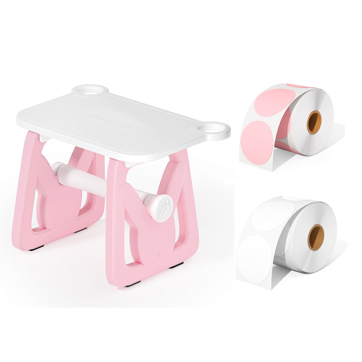The label holder bundle includes a 3-in-1 pink label holder and two rolls of thermal labels.