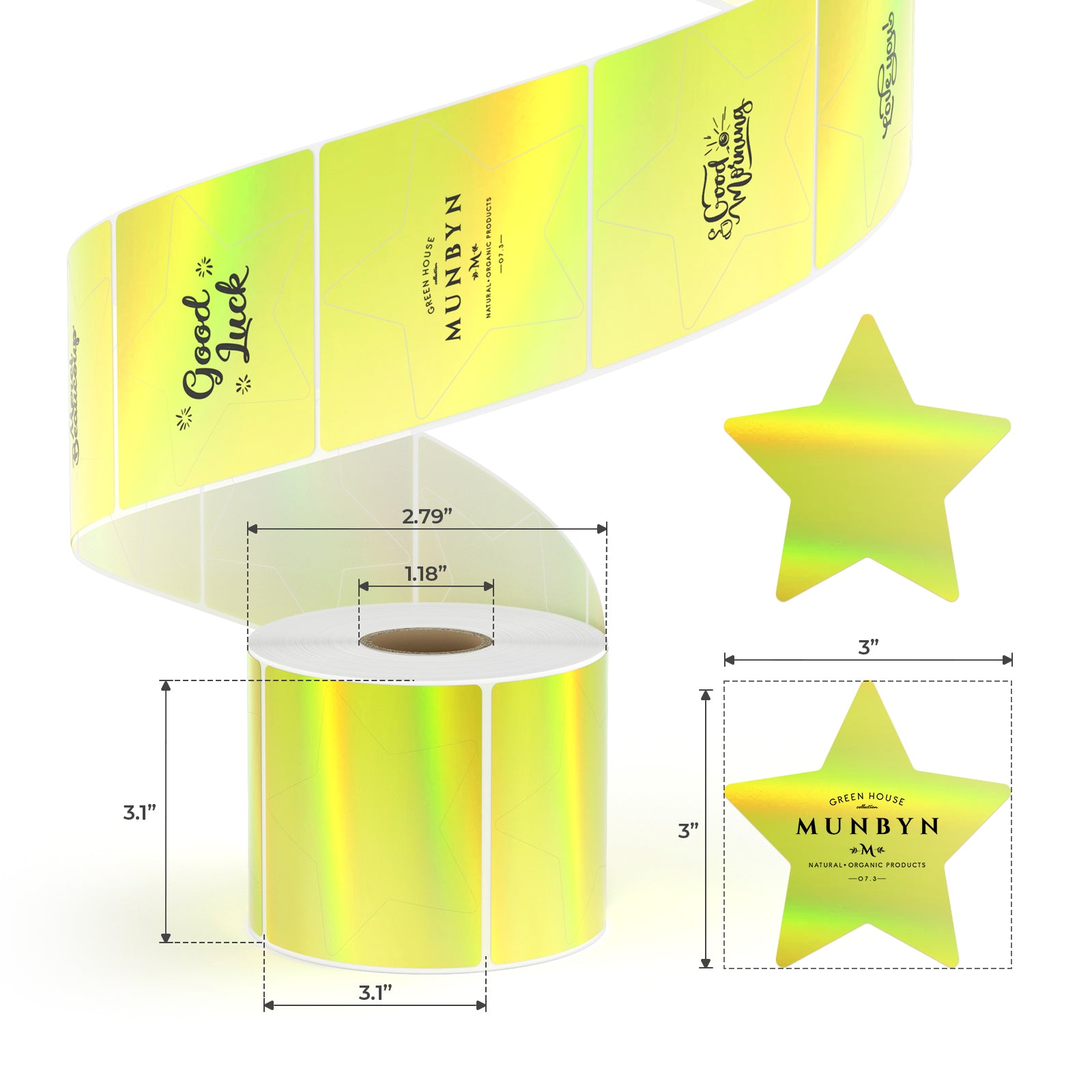 MUNBYN's versatile gold holographic star-shaped thermal labels measure 3" x 3", with 250 labels per roll.