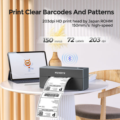 The Black Bluetooth thermal label printer is 203 DPI and can print at a speed of 150 mm/s.