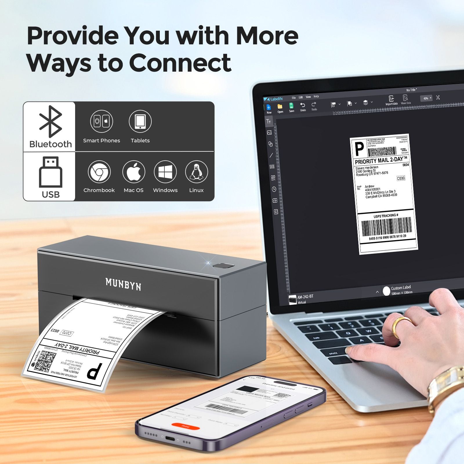 The MUNBYN black wireless Bluetooth printer can be connected to your device via Bluetooth and USB interface. 