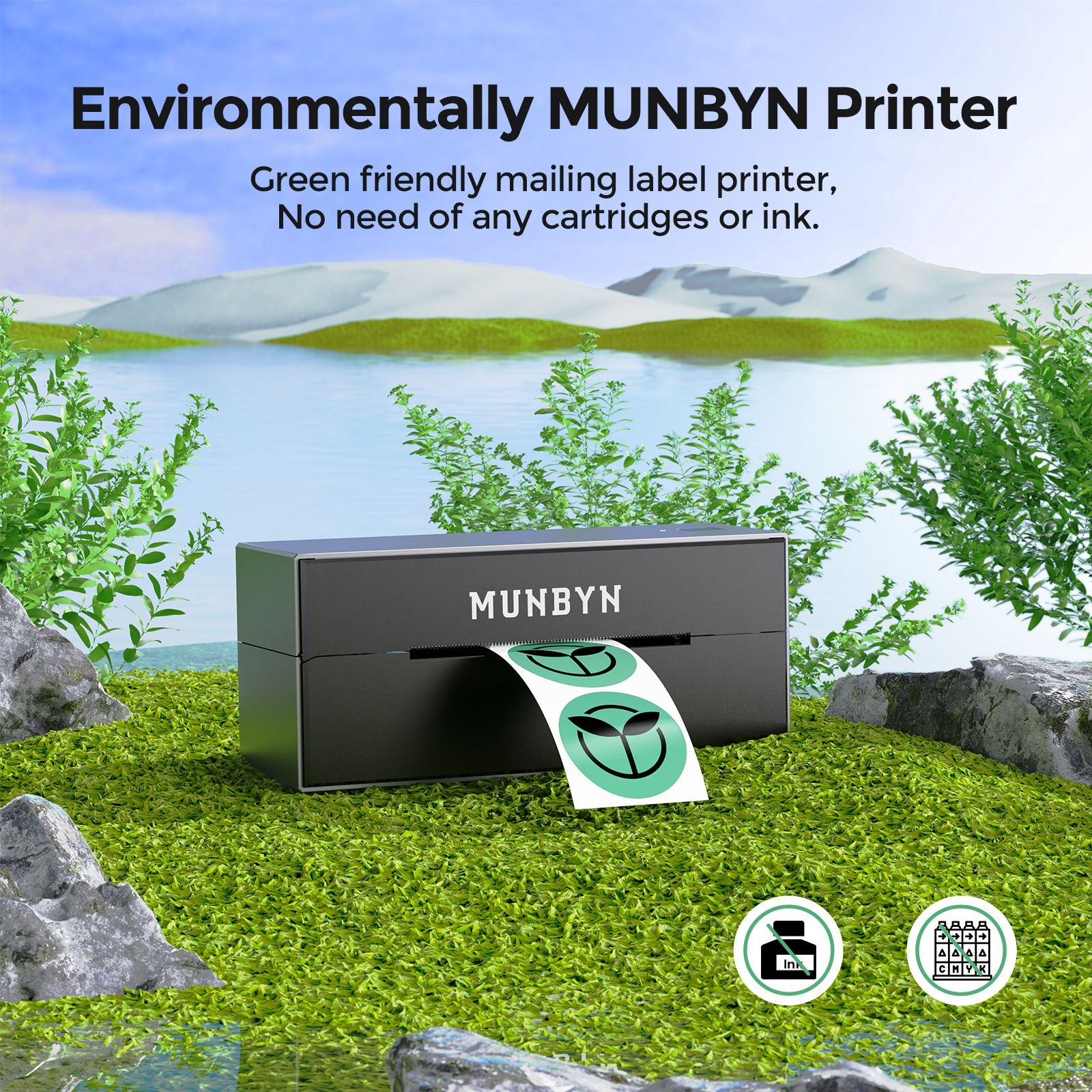 MUNBYN black Bluetooth direct thermal label printer is eco-friendly and has no need for ink or cartridges.