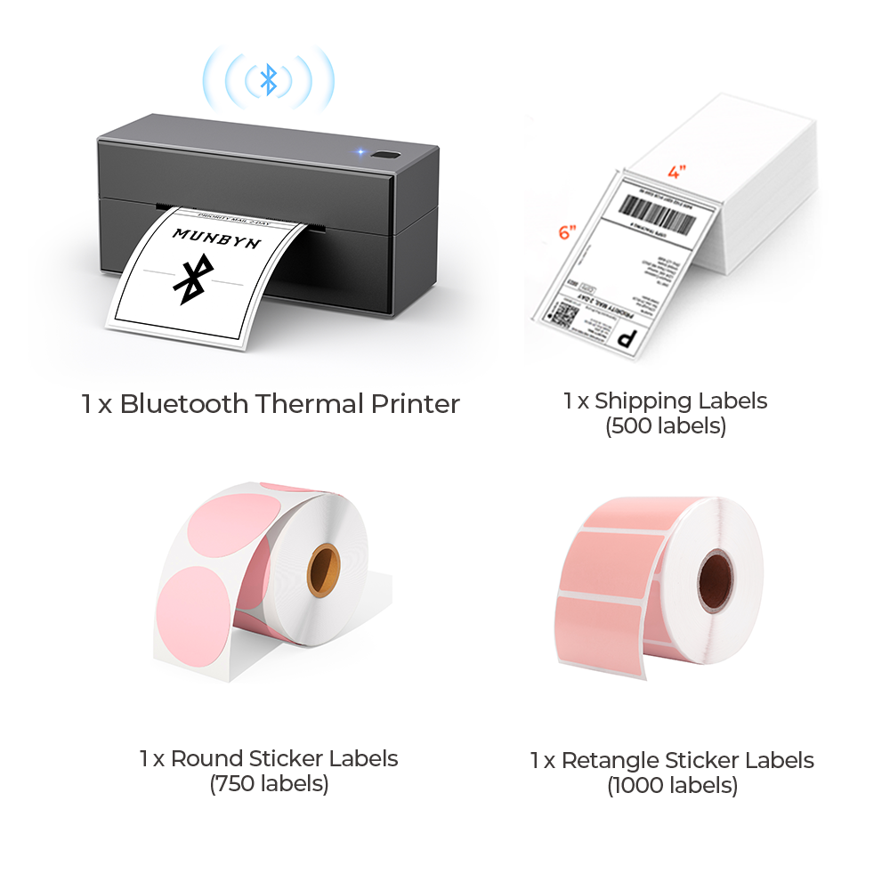 The black Bluetooth printer kit has a black printer, a roll of pink round labels, a roll of pink rectangular labels, and a stack of shipping labels.