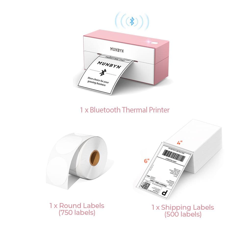 Phomemo Thermal Label Printer, with Label Holder and Pack of 500 4x6  Fan-fold Labels, Pink Direct USB Thermal 4×6 Shipping Label Printer Maker