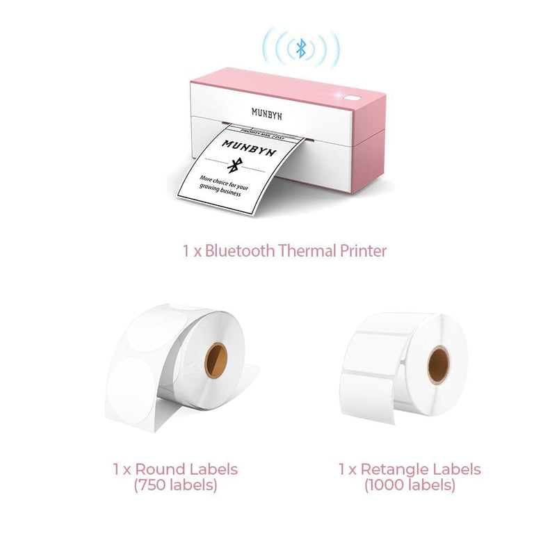 The pink Bluetooth printer kit has a pink Bluetooth shipping label printer, a roll of round labels and a roll of rectangular labels.