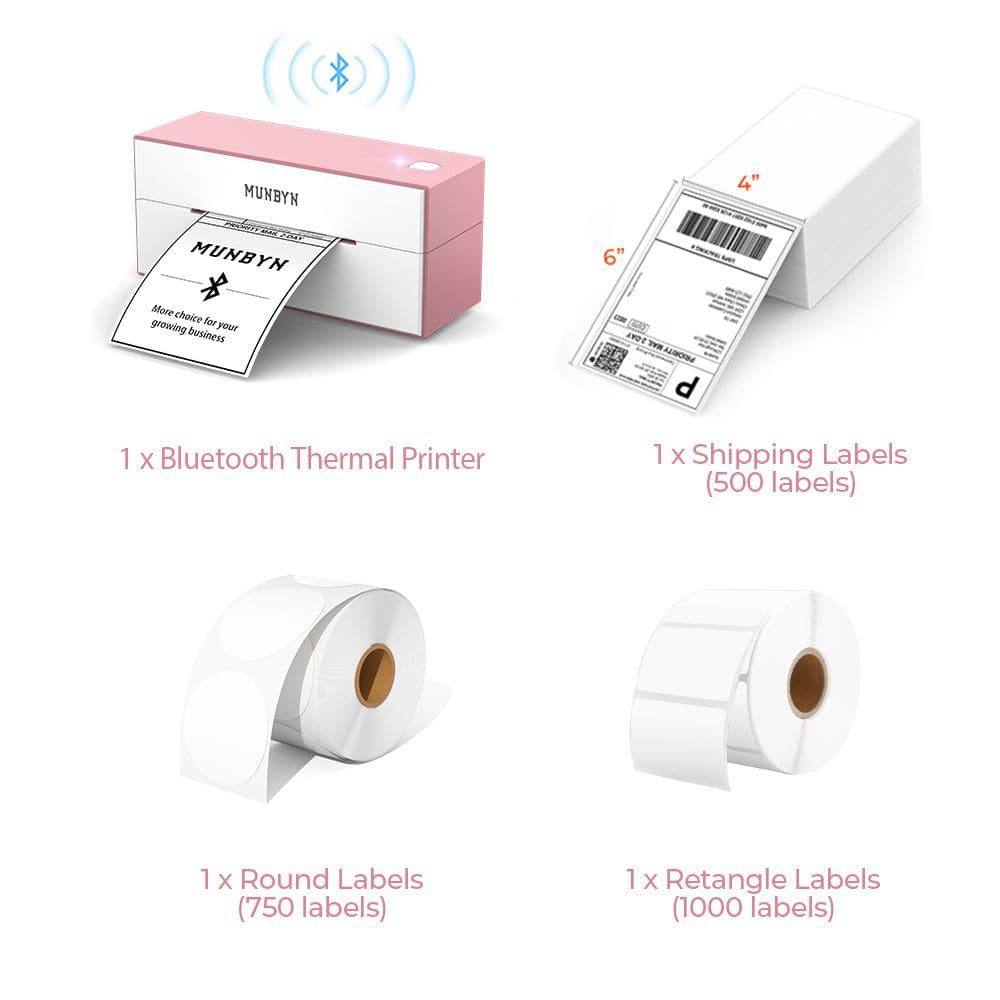 The pink Bluetooth printer kit has a pink Bluetooth shipping label printer, a roll of round labels, a stack of fanfold shipping labels and a roll of rectangular labels.