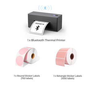 The black Bluetooth printer kit has a black Bluetooth printer, a roll of pink round labels and a roll of pink rectangular labels.