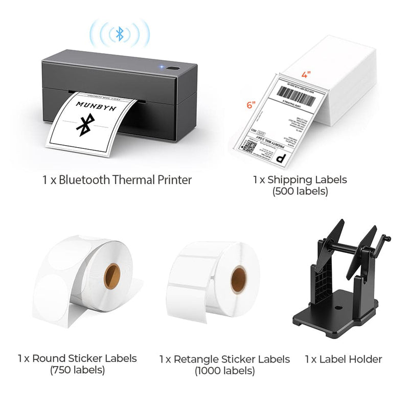 The Black Bluetooth Printer Kit has a black printer, a roll of white round labels, a stack of shipping labels, a black label holder and a roll of white rectangular labels.