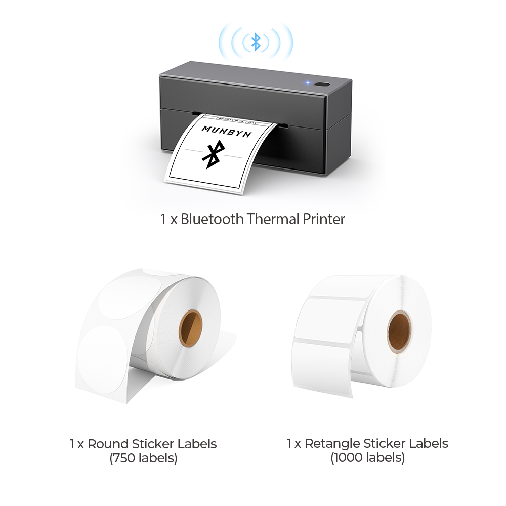 The black Bluetooth printer kit has a black wireless printer, a roll of round labels, and a roll of rectangular labels.