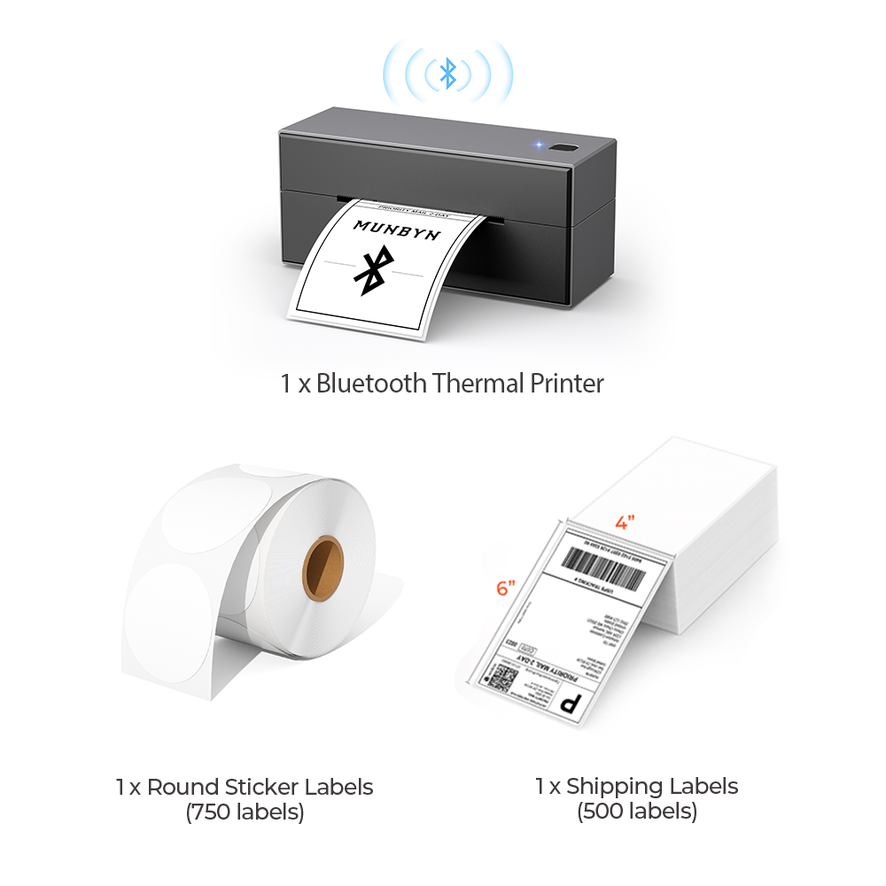 The black Bluetooth printer kit has a black wireless printer, a roll of round labels, and a stack of thermal shipping labels.