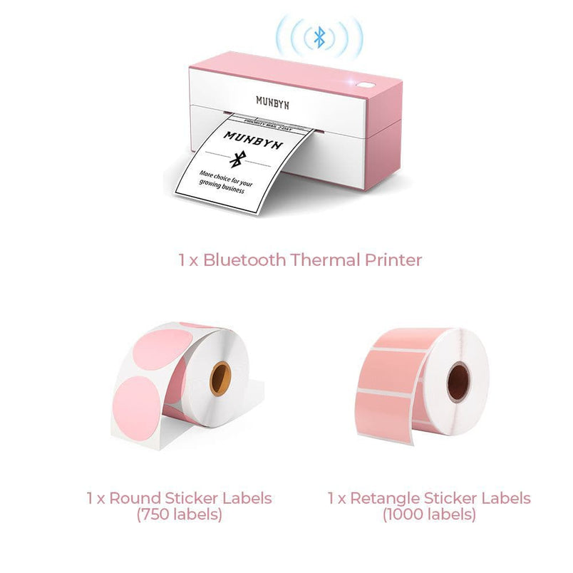 The pink Bluetooth printer kit has a pink Bluetooth shipping label printer, a roll of round labels, and a roll of rectangular labels.  