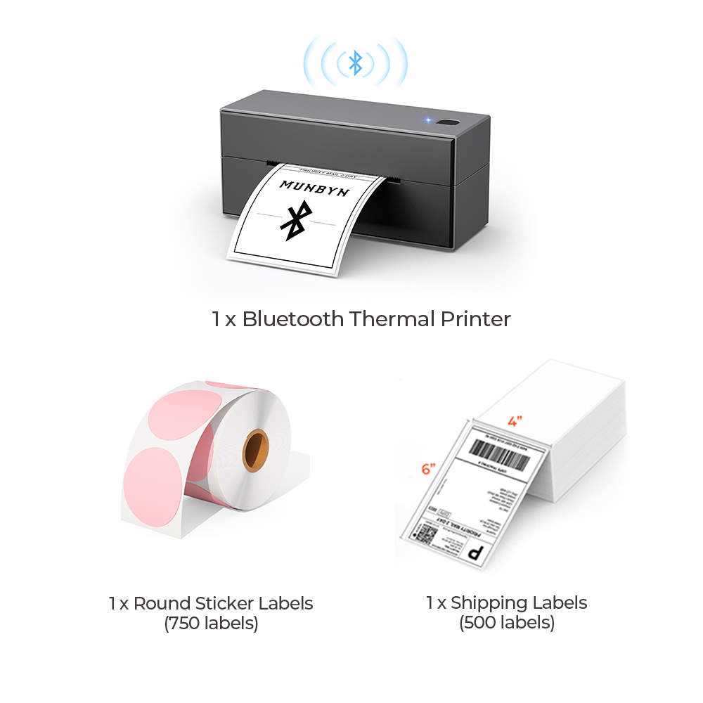 The black Bluetooth printer kit has a black printer, a roll of pink round labels and a stack of shipping labels.