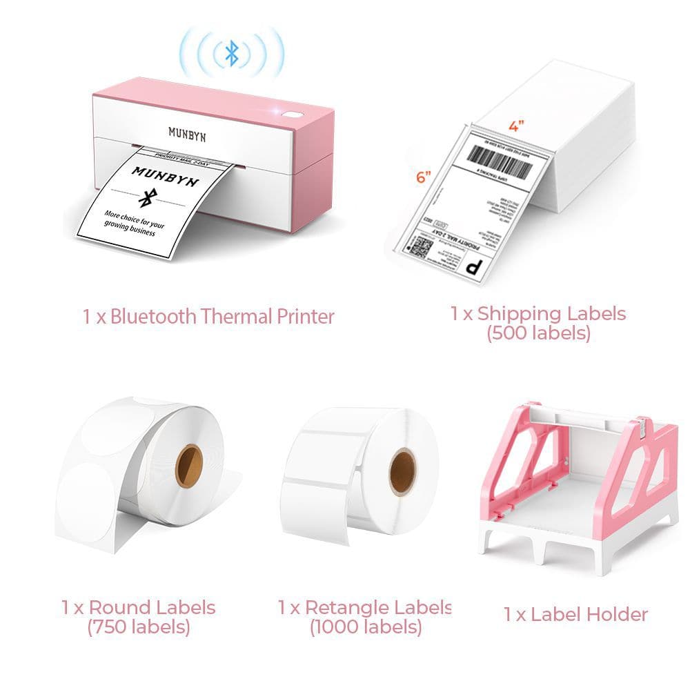 The pink Bluetooth printer kit has a pink Bluetooth shipping label printer, a roll of round labels, a stack of fanfold shipping labels, a roll of rectangular labels and a pink label roll holder.