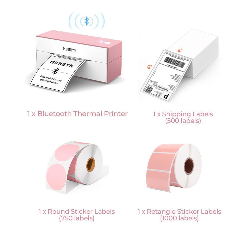 The pink Bluetooth printer kit has a pink Bluetooth shipping label printer, a roll of round labels, a stack of fanfold shipping labels and a roll of rectangular labels.  