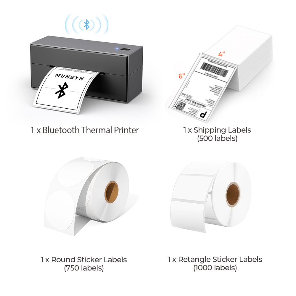 The black Bluetooth printer kit has a black wireless printer, a roll of round labels, a stack of fanfold thermal labels, and a roll of rectangular labels.