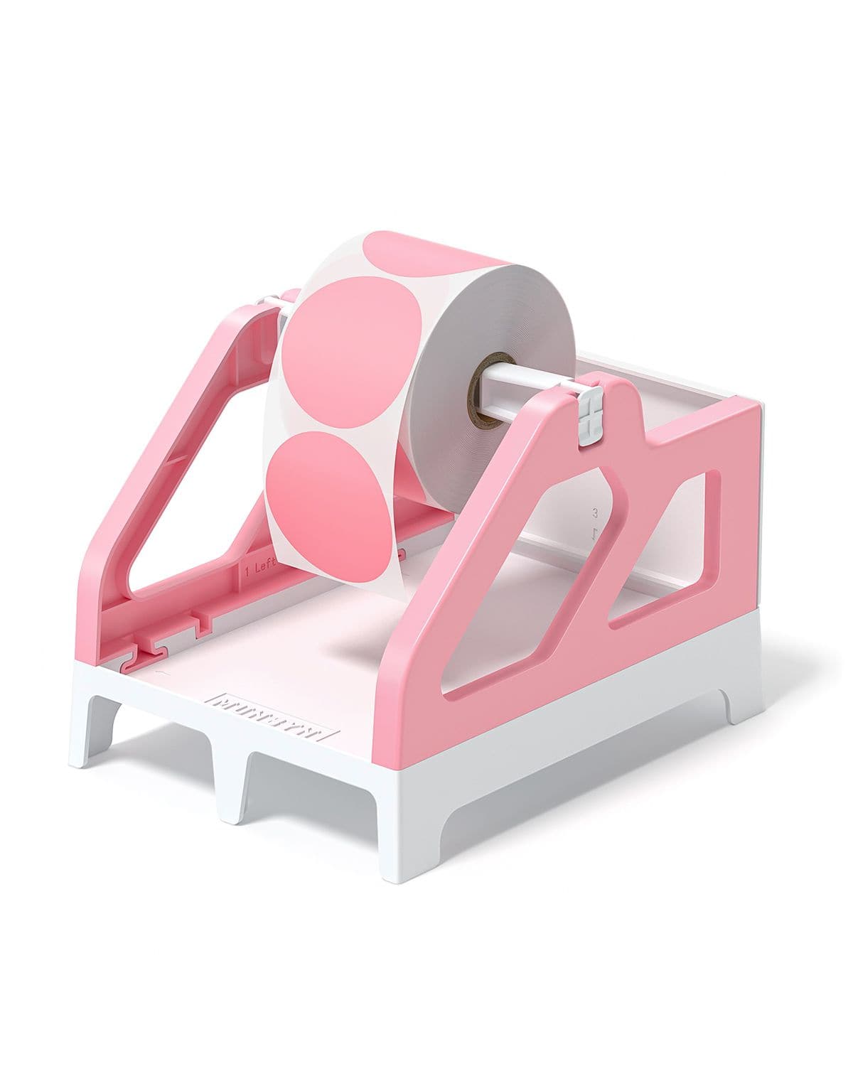 There is a roll of pink circle labels on the MUNBYN pink and white plastic label roll holder.