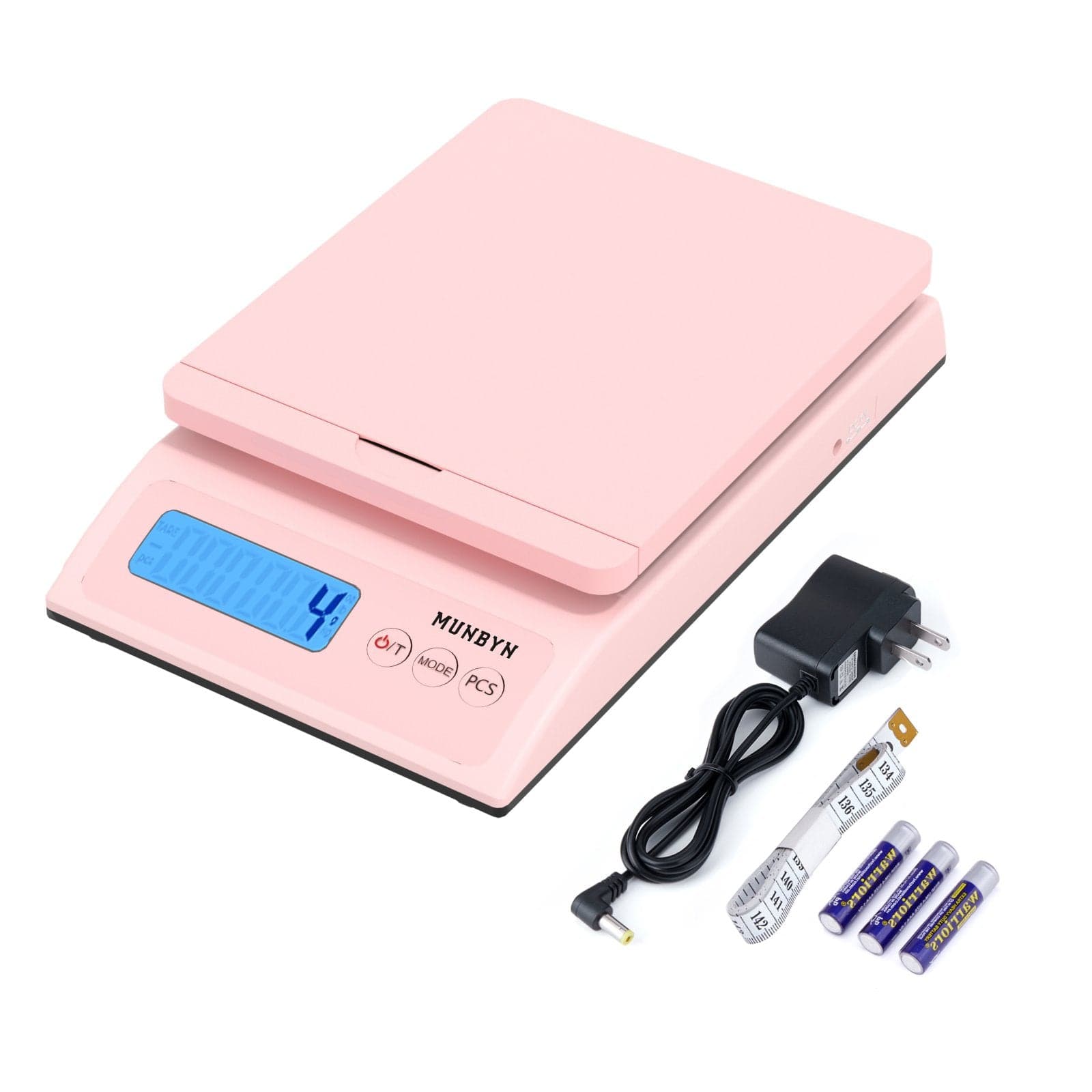 MUNBYN's pink digital postal scale comes with a charging head, three batteries, and a tape measure.