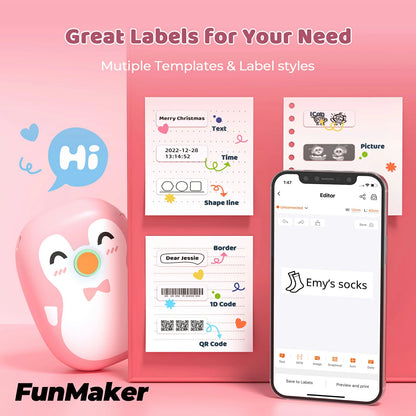 MUNBYN pink Penguin Portable Bluetooth Label Maker Machine has multiple templates and label styles.