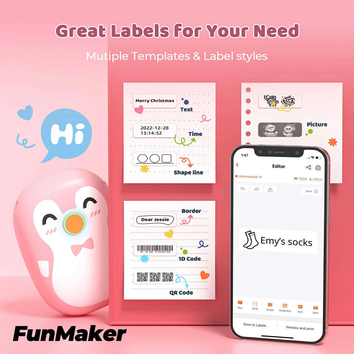 MUNBYN pink Penguin Portable Bluetooth Label Maker Machine has multiple templates and label styles.