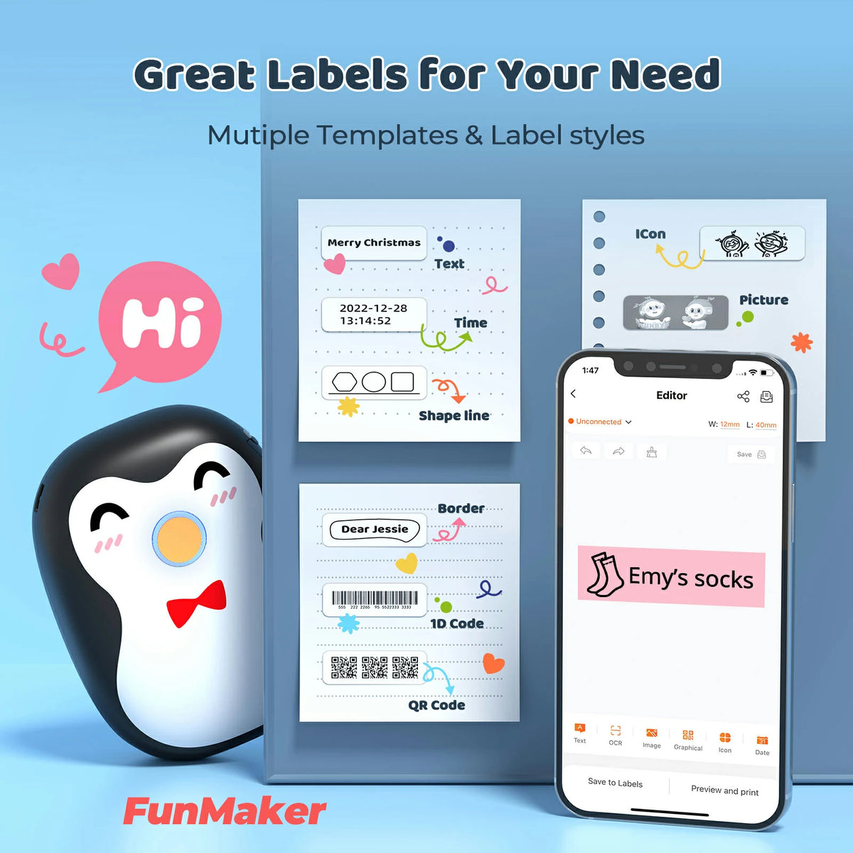 MUNBYN black penguin portable Bluetooth Label Maker Machine has multiple templates and label styles.