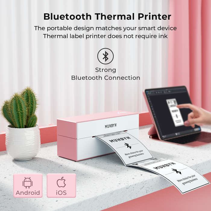 beruset cirkulation Vent et øjeblik 4"x6" Bluetooth Label Printer ITPP129 Starter Kit Pink | MUNBYN®