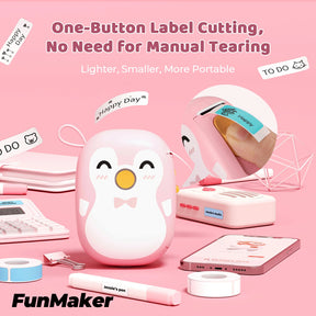 MUNBYN Pink penguin Portable Bluetooth Label Maker Machine has one-button label cutting and no need for manual tearing.