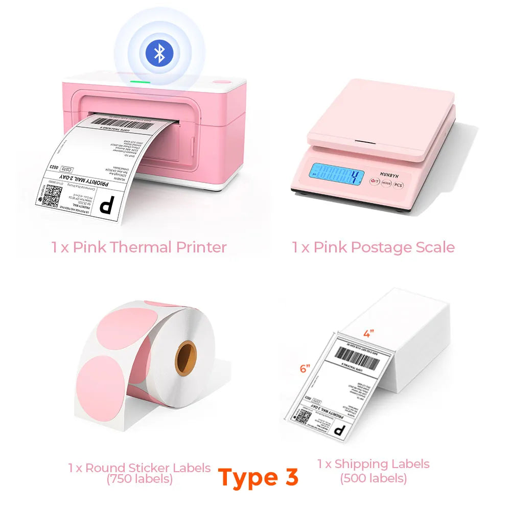 MUNBYN Upgraded Bluetooth Thermal Label Printer ITPP941B Starter Kit | Pink