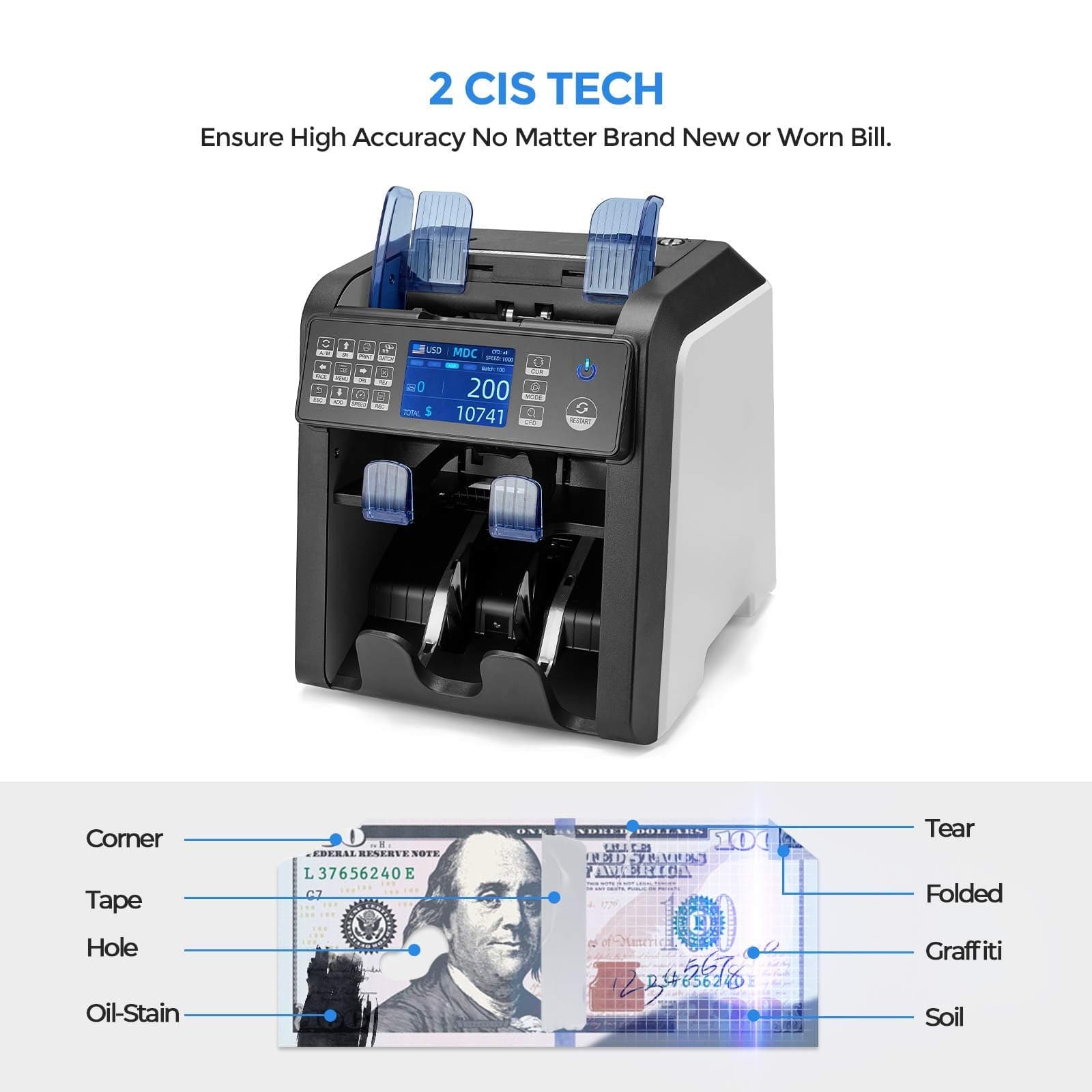 Kolibri Money Counter with UV/MG/IR/DBL/HLF/CHN Counterfeit Detection - Bill Counting Machine - Large LED Display - 1,500 Bills/Min.MUNBYN Mixed Denomination Bill Counter Sorter with Value Counting, 2 Pocket for Sorting, IMC08. 2 CIS Tech. Ensure high accurace no matter brand new or worn bill. 