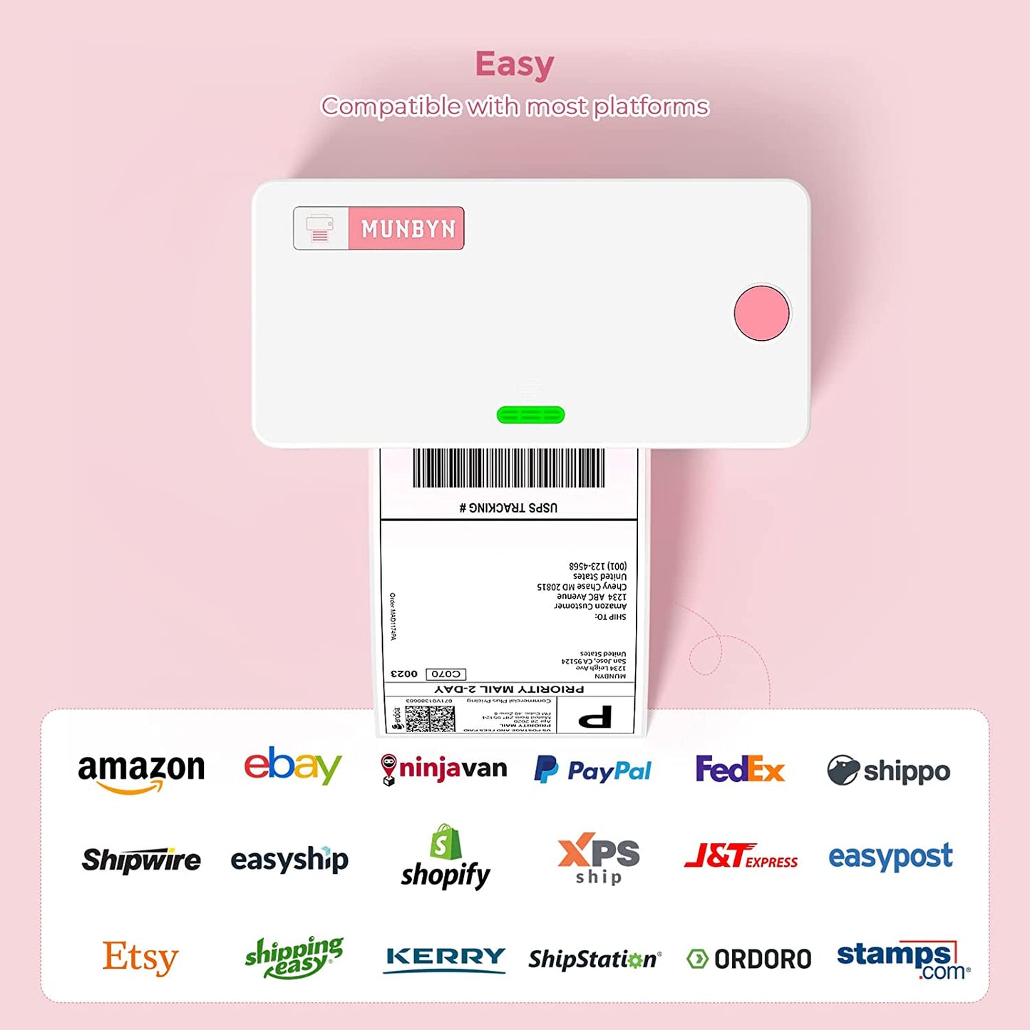 MUNBYN pink thermal printer kit is suitable for printing UPS, FedEx, Amazon, and eBay shipping labels.