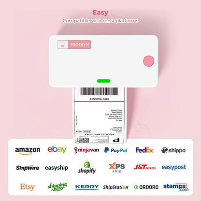 MUNBYN pink thermal printer kit is suitable for printing UPS, FedEx, Amazon, and eBay shipping labels.