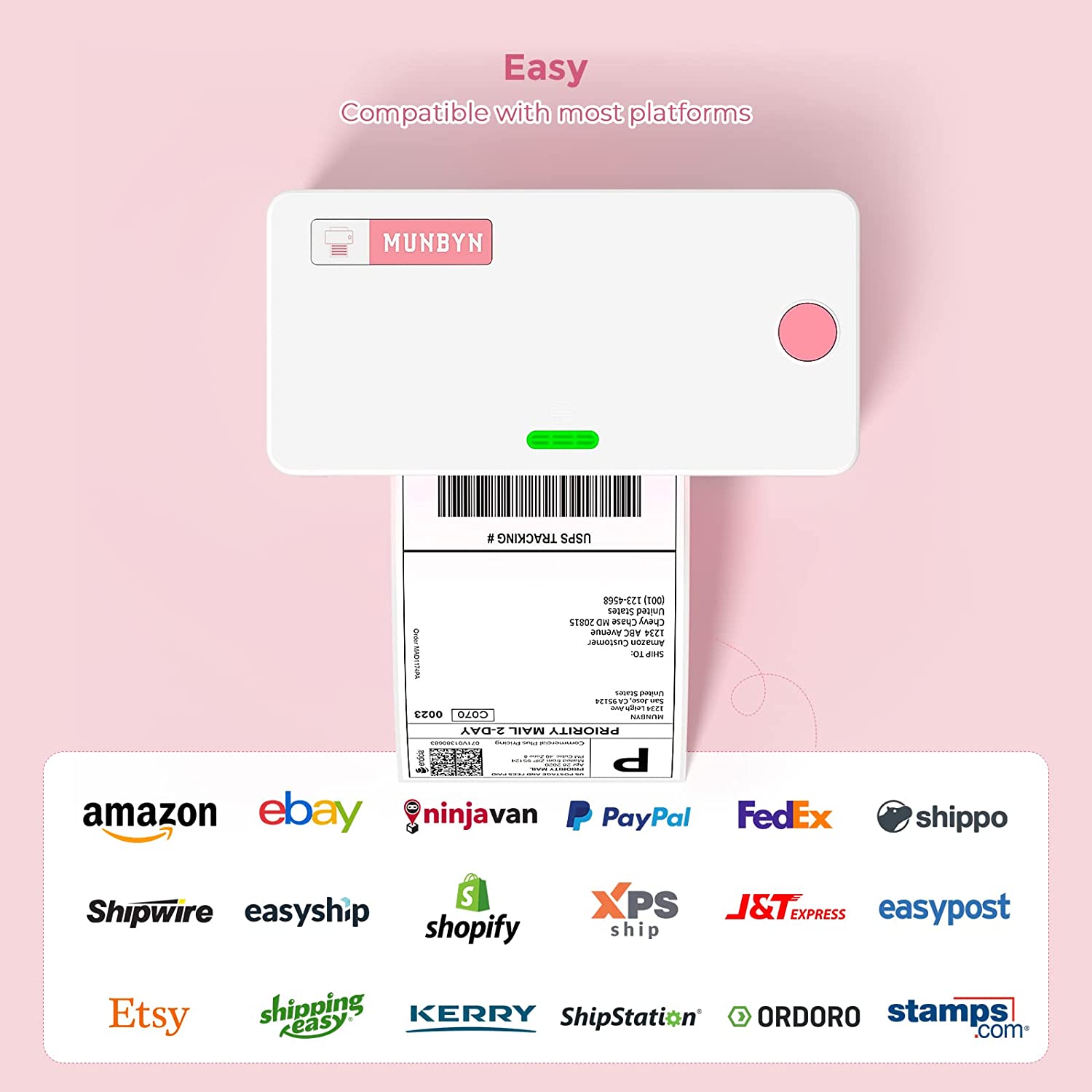 MUNBYN pink thermal printer kit is suitable for printing UPS, FedEx, Amazon, and eBay shipping labels.