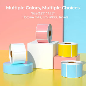 MUNBYN 2.25"x1.25" rectangular labels are available in four colors and come in a box of four rolls of labels with 1000 labels per roll.