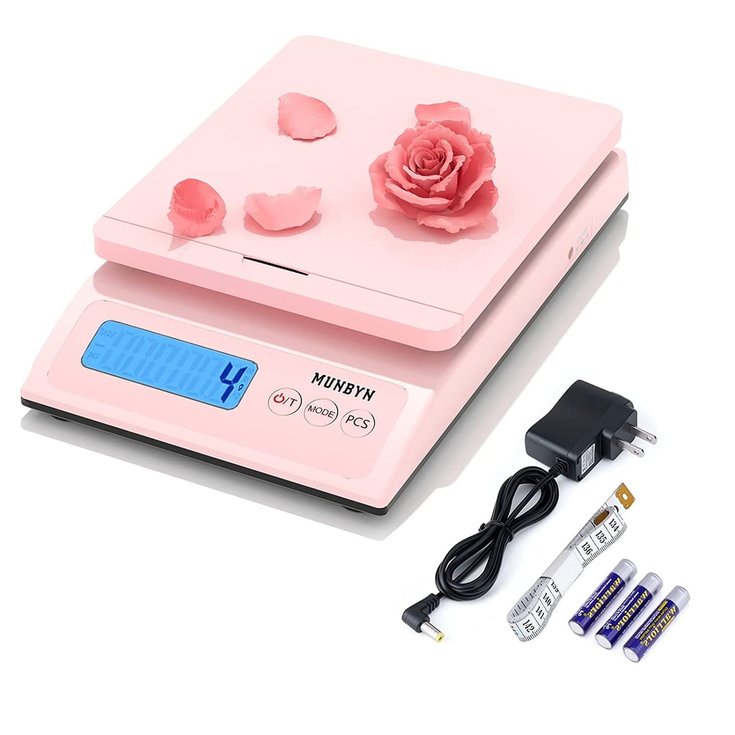 MUNBYN's pink digital postal scale comes with a charging head, three batteries, and a tape measure.