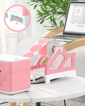 The MUNBYN label holder has a foot-high kickstand that allows the printer's power cord to pass through, giving the desktop a neat appearance.