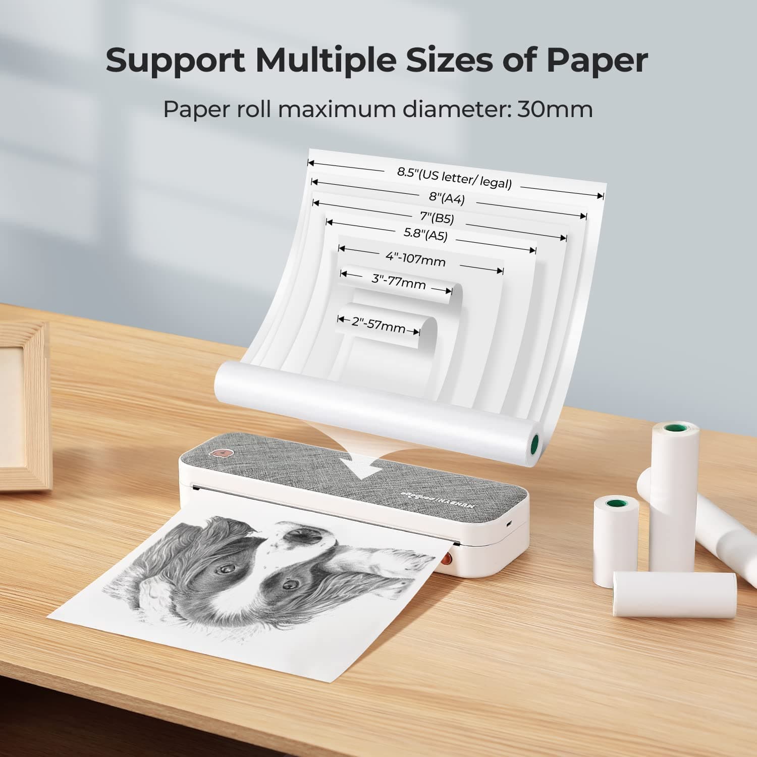 MUNBYN A4 portable thermal printer supports multiple sizes of thermal paper.