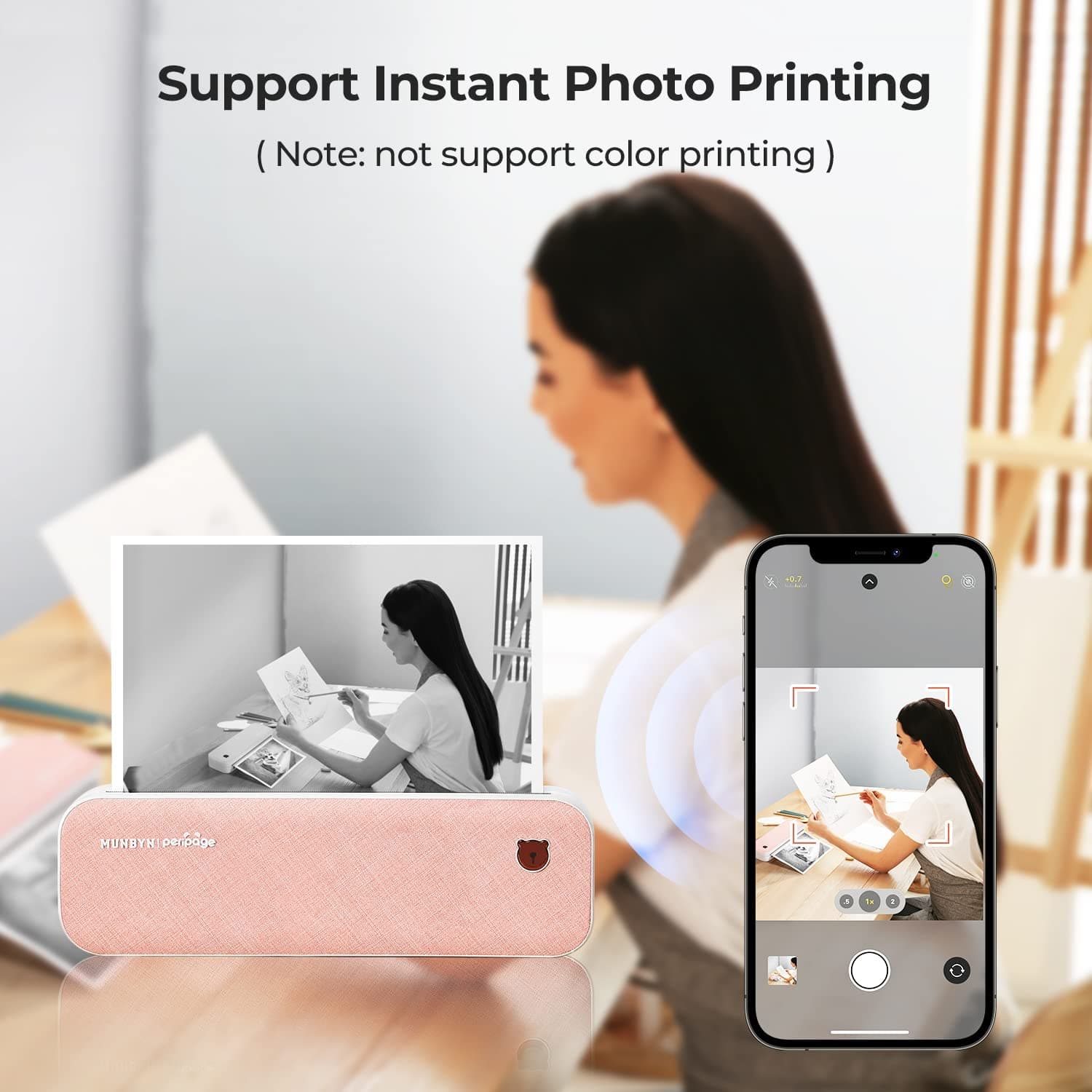 MUNBYN inkless A4 portable printer supports instant monochrome photo printing.