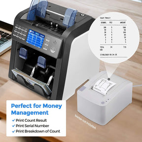 MUNBYN Mixed Denomination Bill Counter Sorter with Value Counting, 2 Pocket for Sorting, IMC08, printer count result, printer serial number , print breakdown of count. Money Counter With Counterfeit Bill Detection