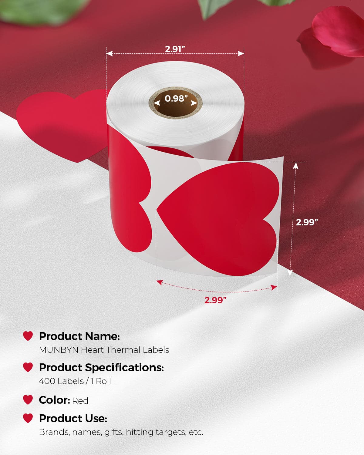 MUNBYN red heart Shaped sticker labels are 400 labels per roll.