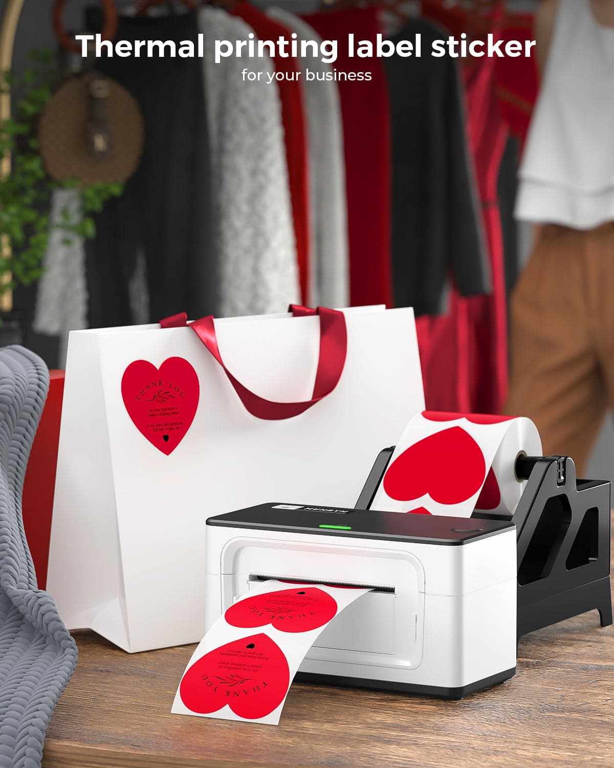 Print red thermal heart stickers with a thermal sticker printer and stick them on the bag.