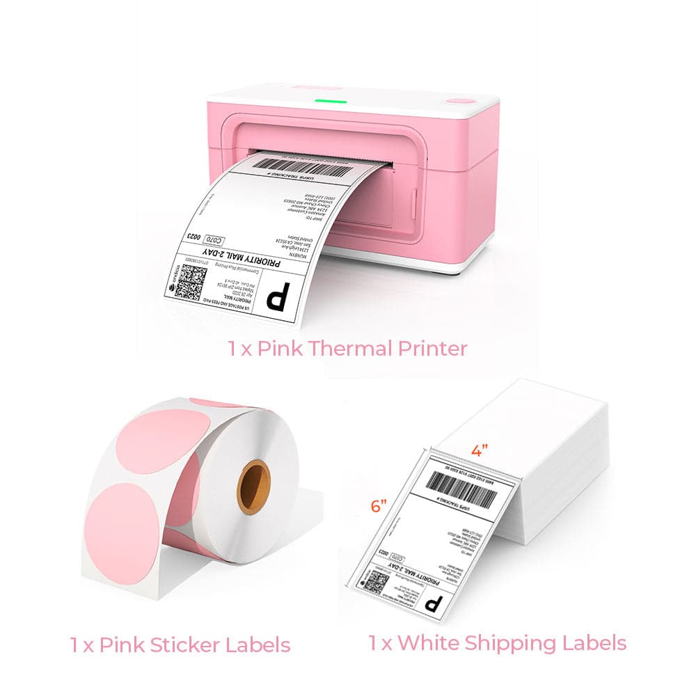 The pink thermal printer kit includes a pink printer, a roll of pink round labels, and a stack of shipping labels.