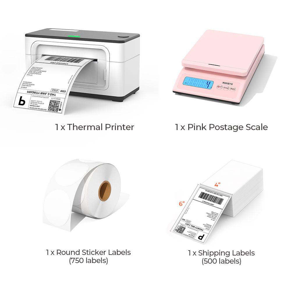 The white thermal printer kit has a white thermal printer, a pink digital postal scale, a stack of 4x6 labels, and a roll of white round labels.