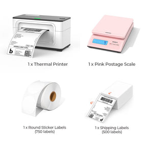 The white thermal printer kit has a white thermal printer, a pink digital postal scale, a stack of 4x6 labels, and a roll of white round labels.