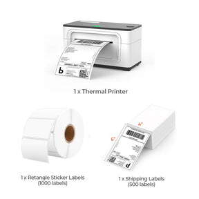 The white thermal printer kit has a white thermal printer, a roll of white rectangle labels and a stack of 4x6 labels,