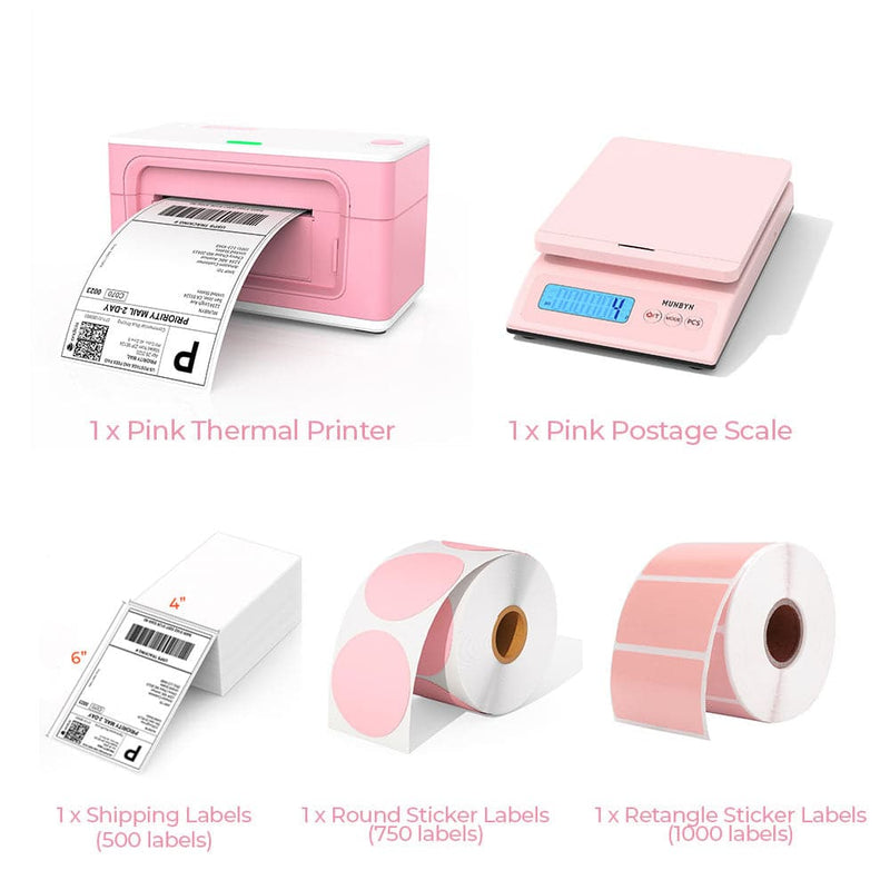 The pink thermal printer kit includes a pink printer, a roll of pink round labels, a roll of pink rectangle labels, a stack of shipping labels, and a pink digital Shipping Postal Scale IPS01
