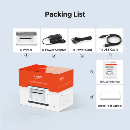 MUNBYN P941 label printer for shipping labels includes a printer, 10 test labels, an instruction manual, power converter, power cord and USB cable.