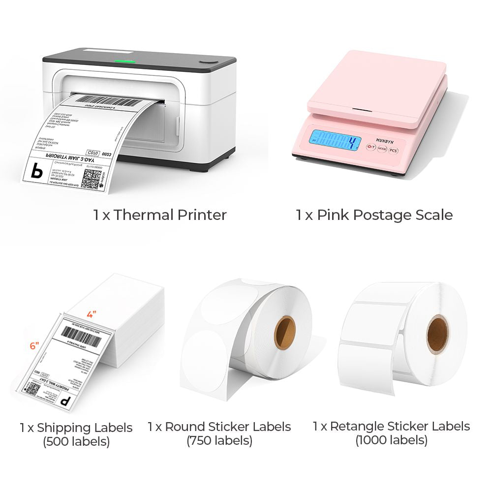The white thermal printer kit has a white thermal printer, a roll of white round labels, a stack of 4x6 labels, a roll of white rectangular labels, and a pink postal scale.