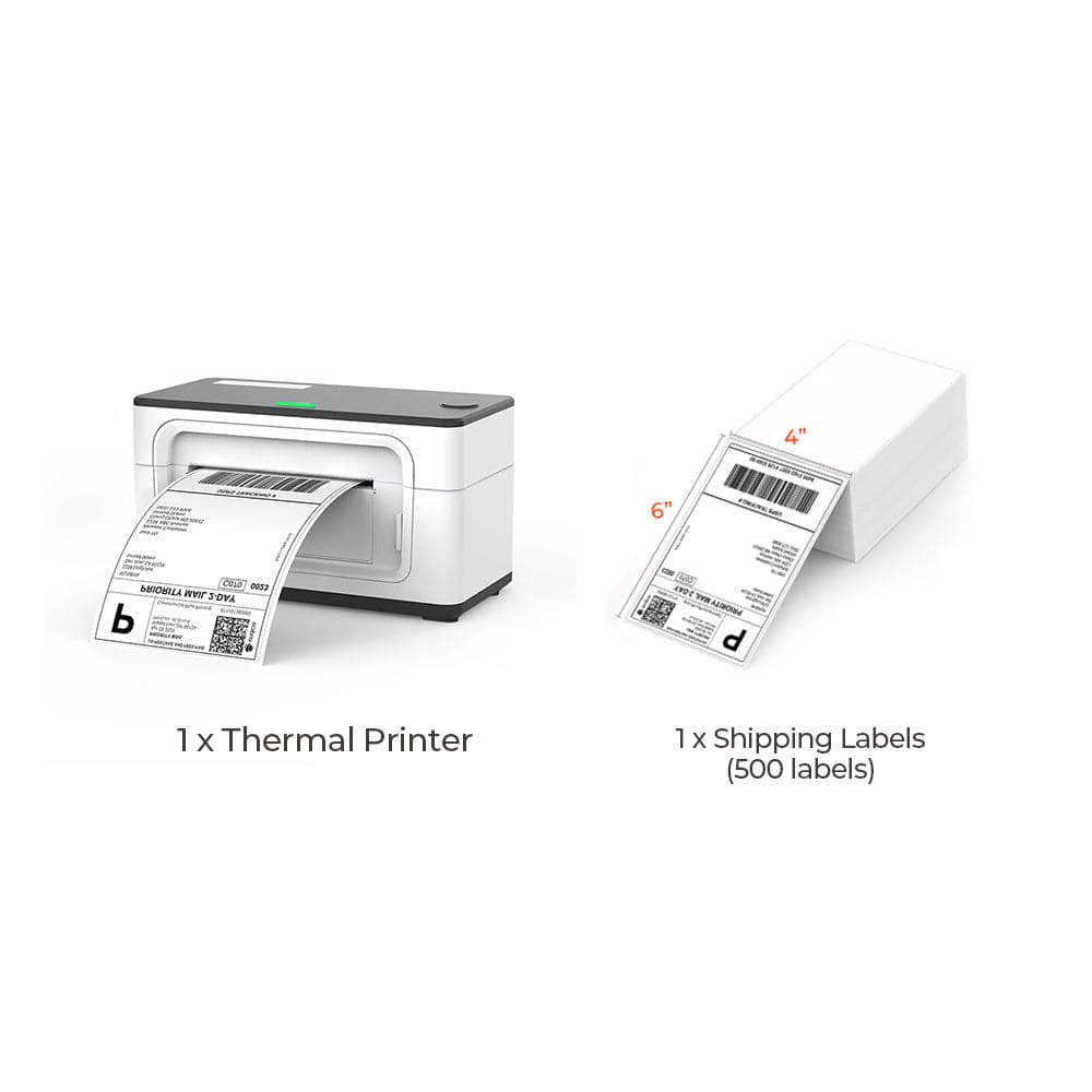 The white thermal printer Kit has a white thermal printer and a stack of white 4x6 labels.