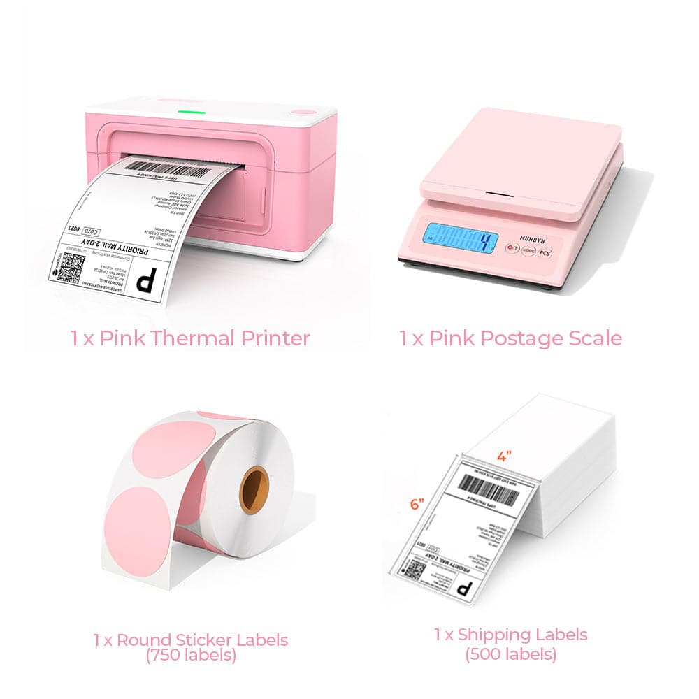 The pink thermal printer kit includes a pink printer, a roll of pink round labels, a stack of shipping labels, and a digital Shipping Postal Scale IPS01